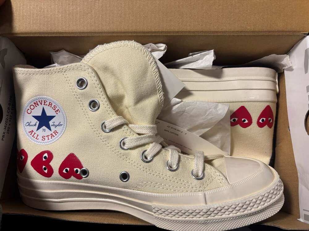 Converse x Comme des Garcons PLAY Chuck 70 High Size 5 men Cream Multi-Heart